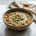 A rustic bowl of slow cooker lentil vegetable soup garnished with fresh parsley.