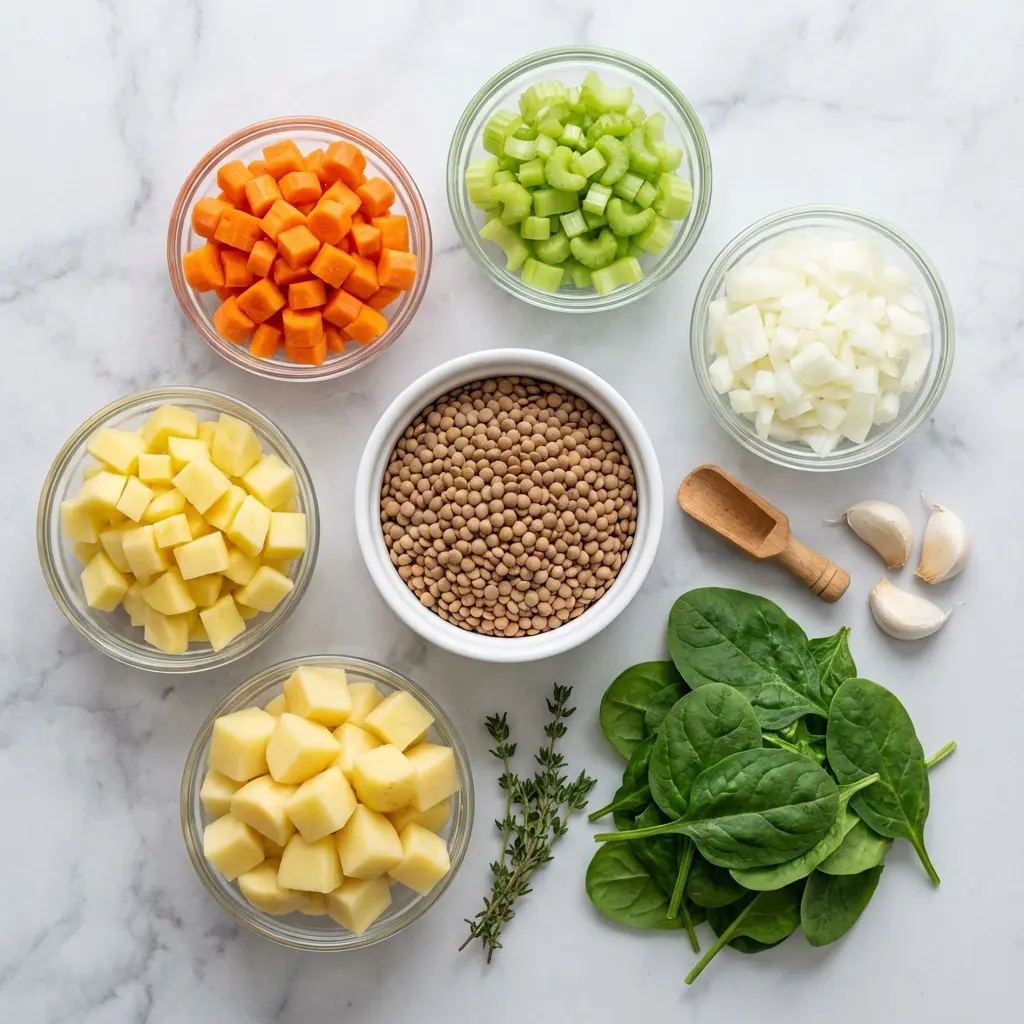 Overhead view of raw ingredients for slow cooker lentil vegetable soup, including lentils, carrots, celery, and potatoes.