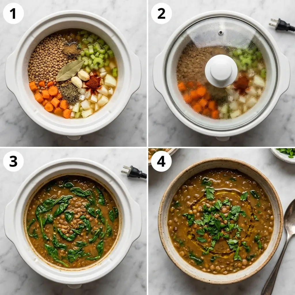 A four-panel image showing the steps to make slow cooker lentil vegetable soup, from combining ingredients to the finished bowl.