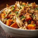 An extreme close-up of savory shredded chicken from the slow cooker, highlighting its juicy texture and the savory sauce it's coated in.