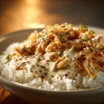 A close-up shot of shredded garlic chicken being prepared in a slow cooker for a crockpot chicken and rice dinner.