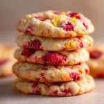 A close-up macro shot of a stack of soft lemon raspberry cookies, showing the tender crumb and pieces of fresh raspberry.