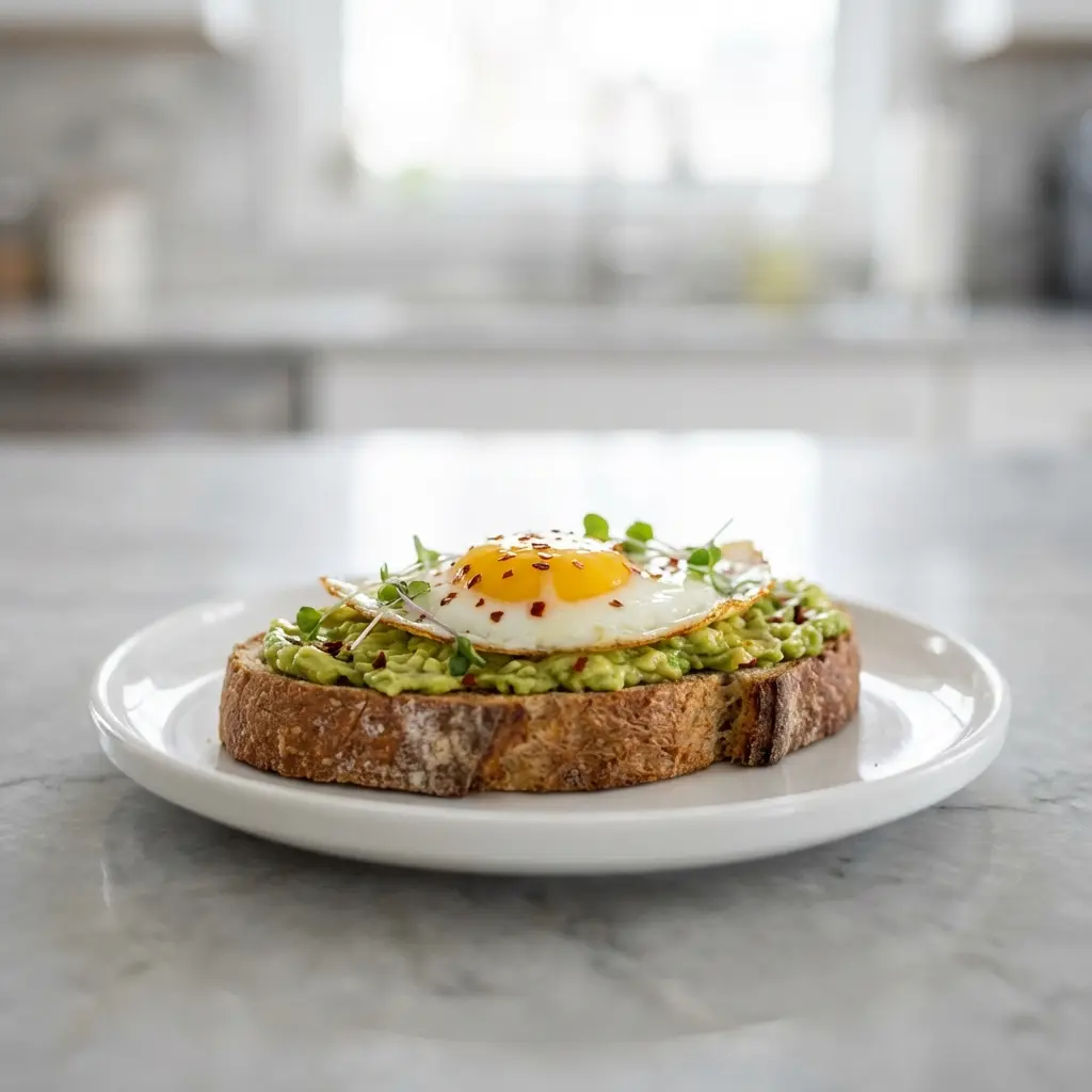 Sourdough Avocado Toast with Egg: The Ultimate Guide 4 A close up of sourdough avocado toast with a perfectly fried egg on a white plate.