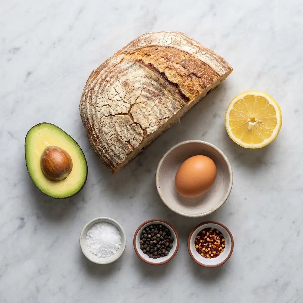 Sourdough Avocado Toast with Egg: The Ultimate Guide 2 Overhead view of ingredients for sourdough avocado toast: sourdough bread, avocado, egg, and seasonings.