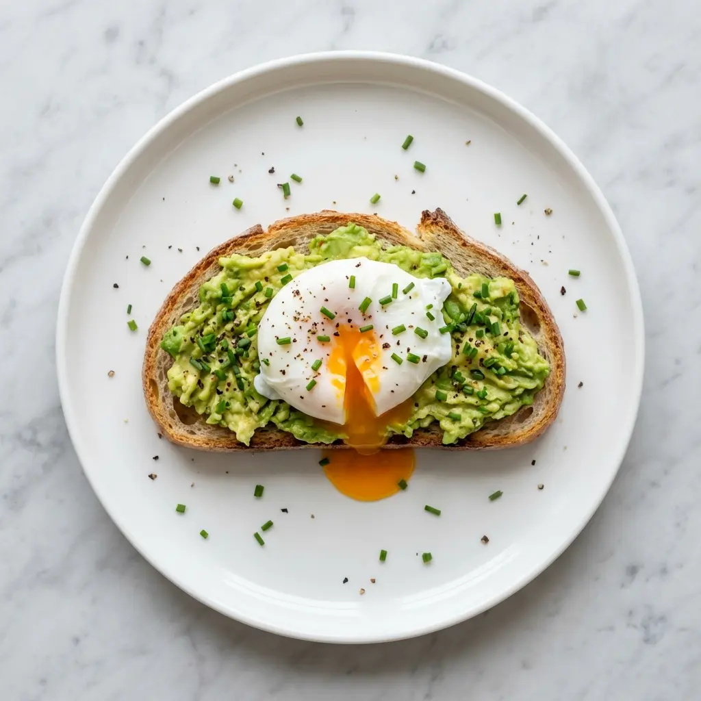 Sourdough Avocado Toast with Egg: The Ultimate Guide 5 Overhead photo of sourdough avocado toast with a poached egg on a white plate.