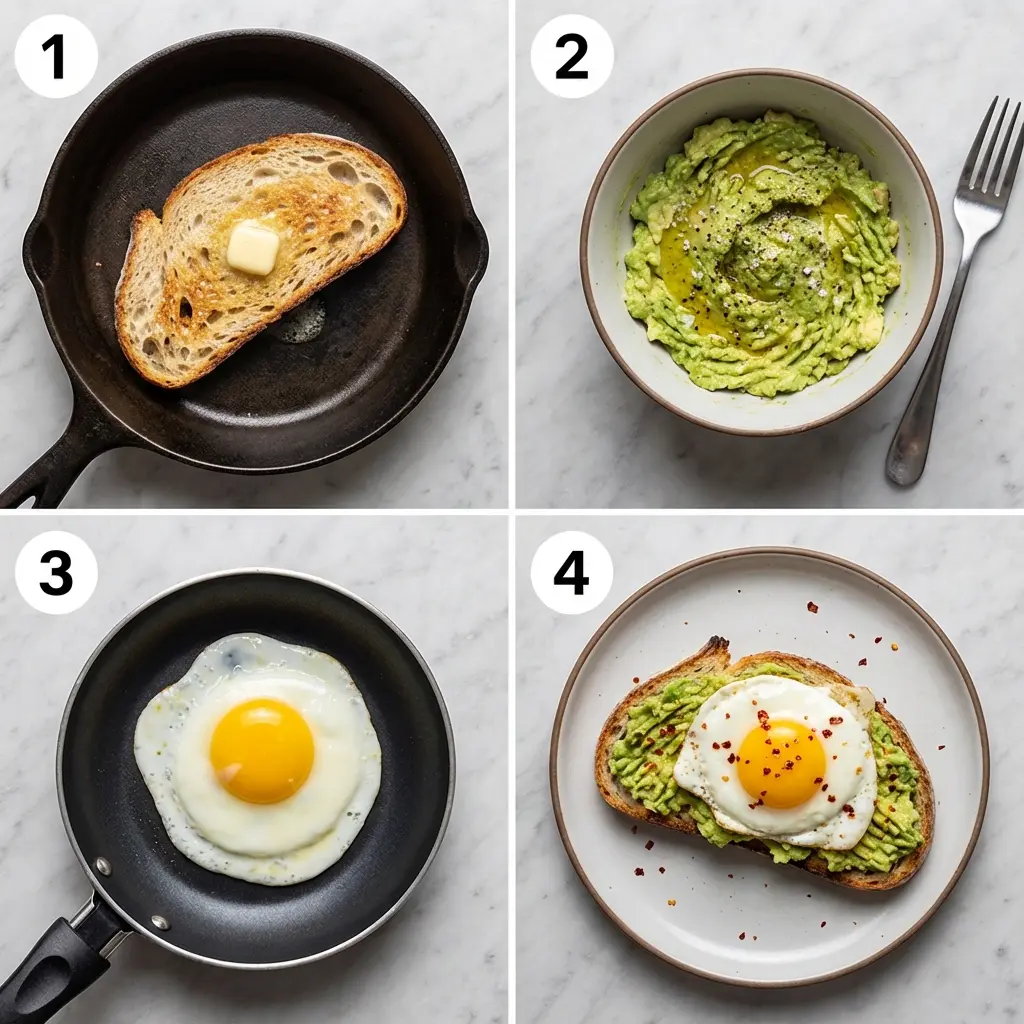 Sourdough Avocado Toast with Egg: The Ultimate Guide 3 A four-panel image showing the steps to make sourdough avocado toast with an egg.