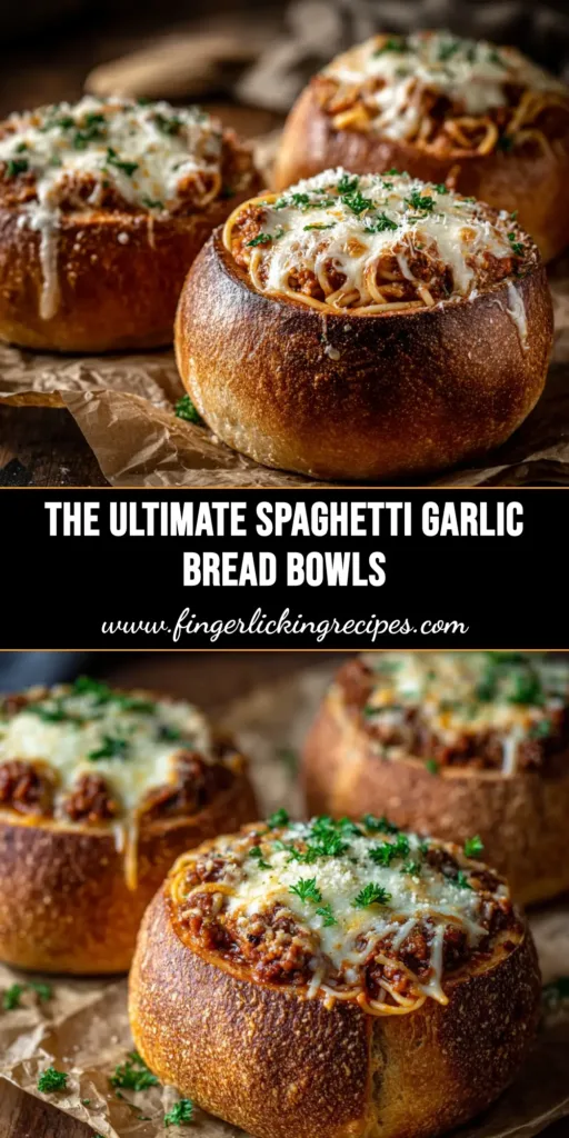 An overhead shot of four cheesy spaghetti garlic bread bowls ready to be eaten. A perfect family-friendly dinner idea.