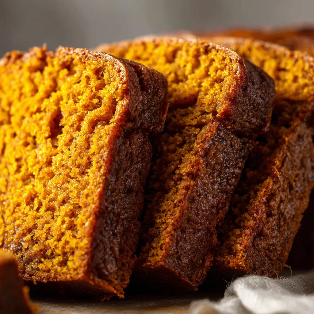 An artful display of spiced pumpkin bread slices ready to eat, showing the warm colors and soft texture of the loaf.