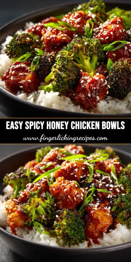 An overhead shot of a Spicy Honey Chicken Bowl, featuring perfectly glazed chicken, broccoli, and rice, garnished with sesame seeds.