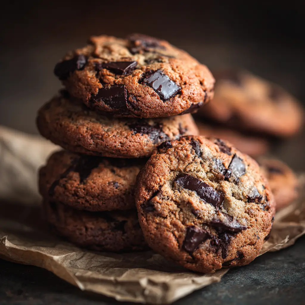 A stack of homemade chocolate chunk shortbread cookies, illustrating a successful result from a simple baking recipe.