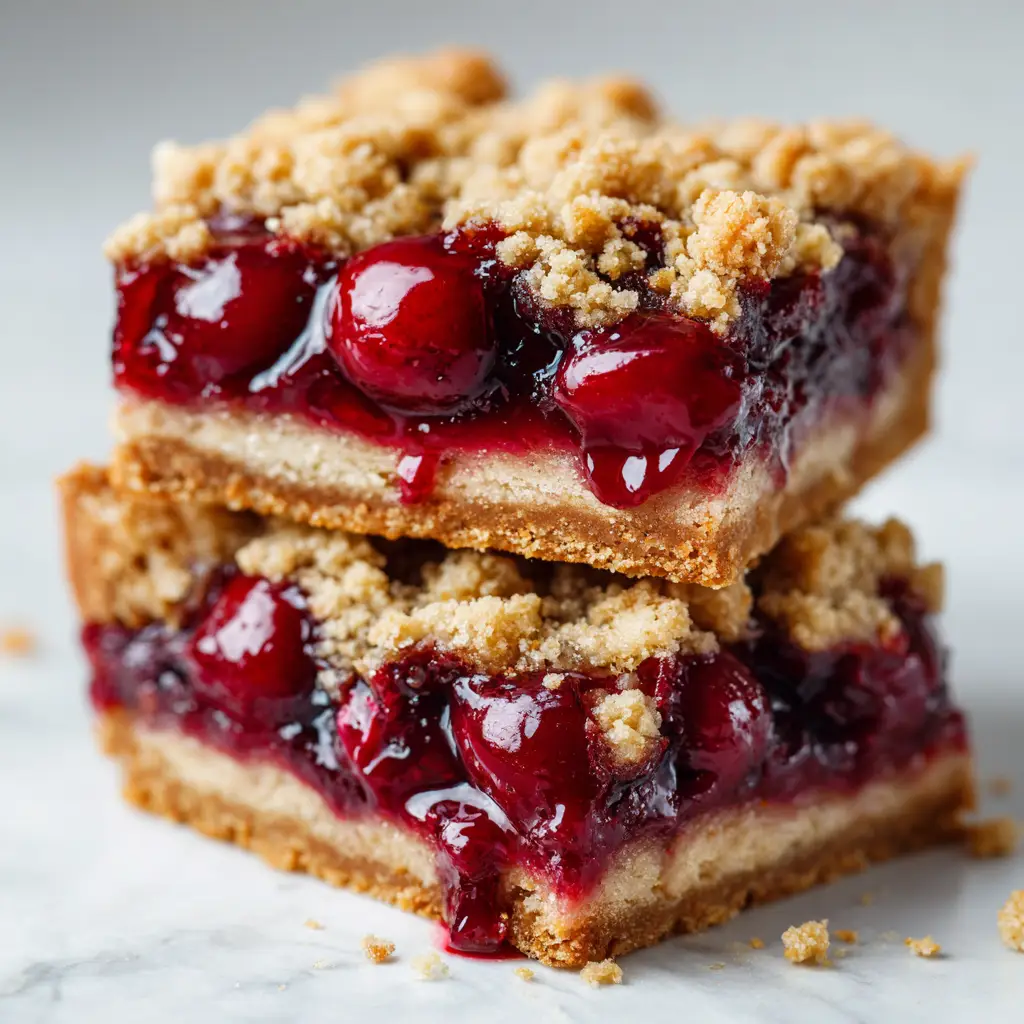 A stack of two perfectly sliced cherry pie cookie bars drizzled with a sweet almond glaze, ready to be served.