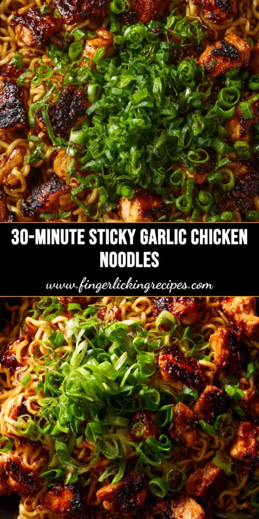 A mouth-watering bowl of sticky garlic chicken noodles, garnished with sesame seeds and fresh green onions. This easy recipe is perfect for a quick weeknight dinner.