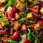 A close-up, top-down view of the Strawberry Crunch Salad, highlighting the texture of the candied pecans and fresh spinach leaves.