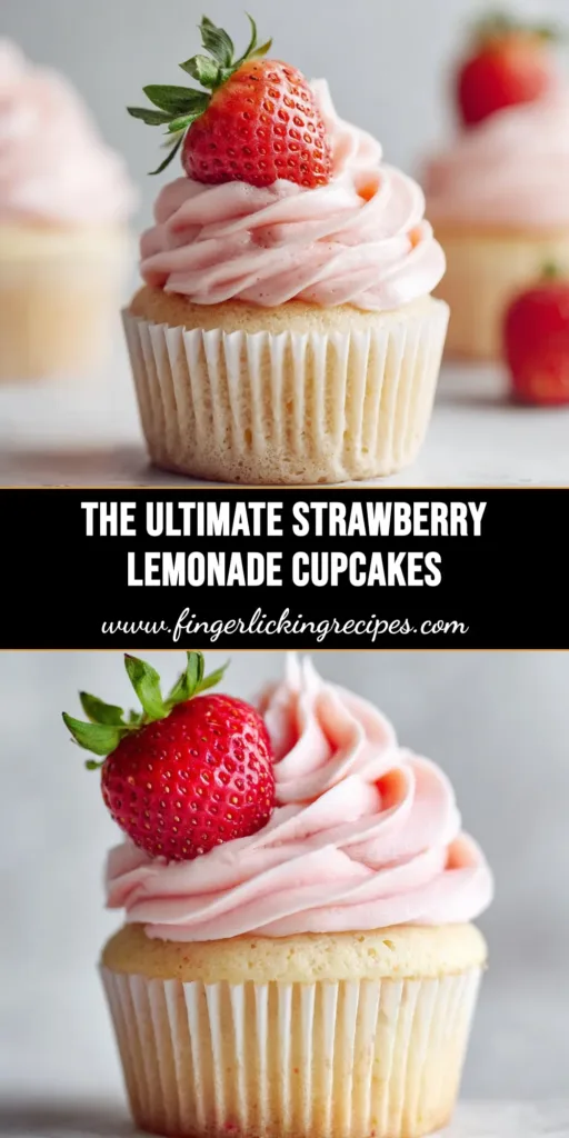 A beautiful platter of homemade strawberry lemonade cupcakes, topped with pink strawberry buttercream, fresh strawberry slices, and lemon wedges. The perfect summer dessert recipe.