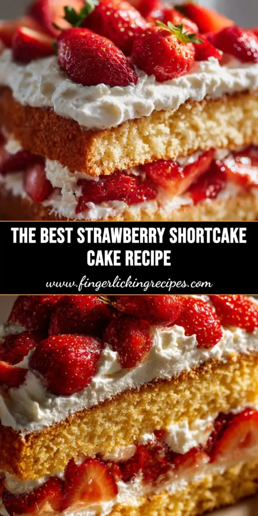 A beautiful slice of strawberry shortcake cake on a white plate, showcasing layers of vanilla cake, fresh strawberries, and whipped cream frosting. The full cake is in the background.