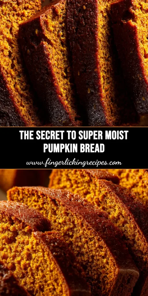 A beautiful loaf of super moist pumpkin bread with a single slice cut, ready to be pinned. The perfect fall baking recipe.