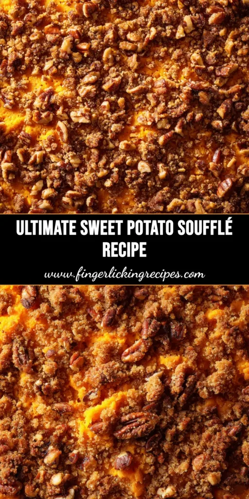 A serving of light and fluffy sweet potato soufflé in a white dish, topped with a crunchy pecan crumble. The perfect sweet potato soufflé recipe for the holidays.
