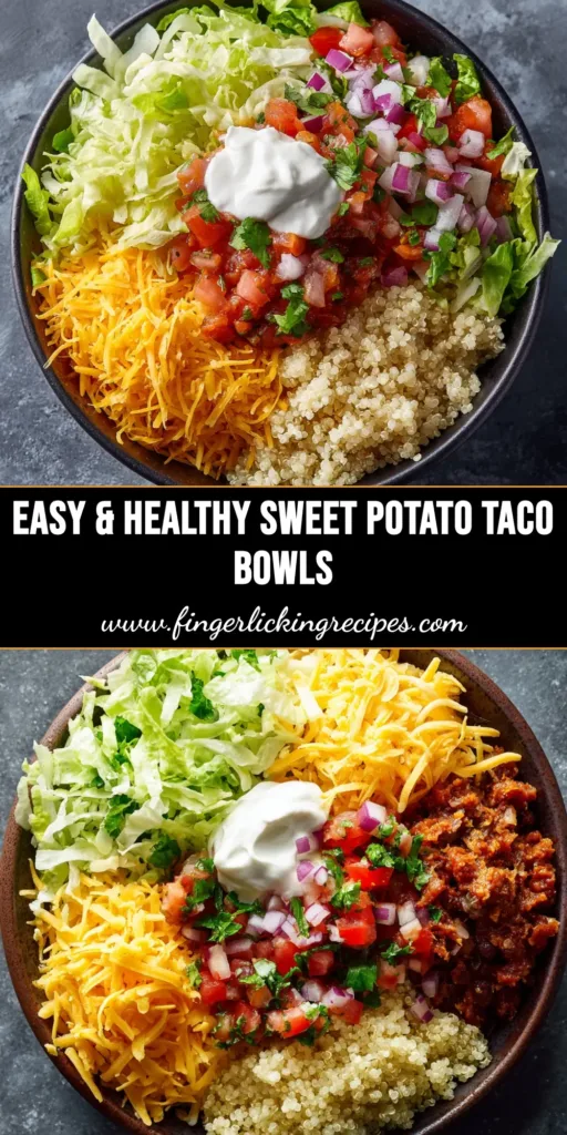 A vibrant and healthy Sweet Potato Taco Bowl with roasted sweet potatoes, black beans, corn, and a creamy cilantro-lime drizzle, shown from an overhead perspective.