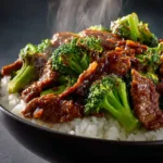 An extreme close-up of the beef and broccoli stir fry, highlighting the texture of the tender beef and the vibrant green of the broccoli florets in the savory sauce.