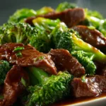 A close-up shot of the Chinese beef and broccoli stir-fry, showing the texture of the tender beef slices and the savory sauce.