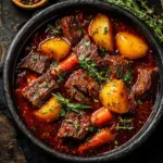 An extreme close-up overhead shot of beef stew in a rustic bowl. The image highlights the texture of the tender beef and the rich, dark color of the savory gravy, garnished with fresh herbs.