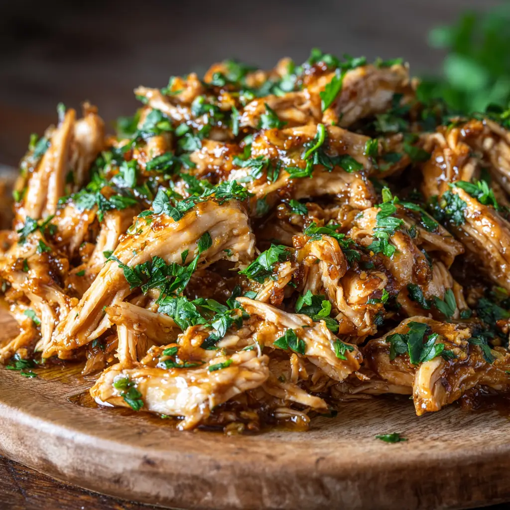 A shot of the cooked garlic butter chicken being shredded with two forks in the slow cooker, showing its tenderness.