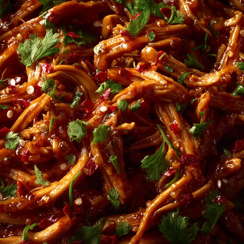 A fork pulling away a piece of tender sweet chili crockpot chicken from a serving bowl.