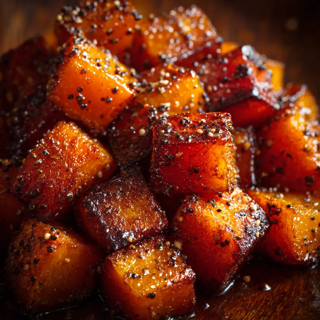 A fork piercing a tender piece of roasted butternut squash, demonstrating the perfectly cooked, soft texture of the sweet side dish.