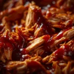 A close-up macro shot of tender, juicy shredded BBQ chicken. The texture of the chicken and the glossy BBQ sauce are highlighted, showing the delicious results of the recipe.