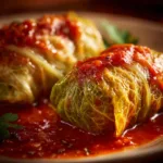 Golumpki Recipe: The Ultimate Guide to Authentic Polish Stuffed Cabbage A close-up of two perfectly cooked Polish cabbage rolls, glistening with tomato sauce. Illustrates the texture of tender stuffed cabbage.