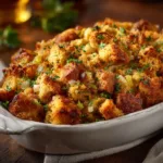 An overhead view of traditional Thanksgiving stuffing being mixed in a large bowl with fresh herbs and vegetables.