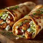 An extreme close-up of two cheesy garlic chicken wraps, toasted to a perfect golden brown and stacked on a plate.