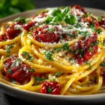 A close-up shot of tomato garlic pasta in a white bowl, showing the texture of the burst tomato sauce clinging to the spaghetti.