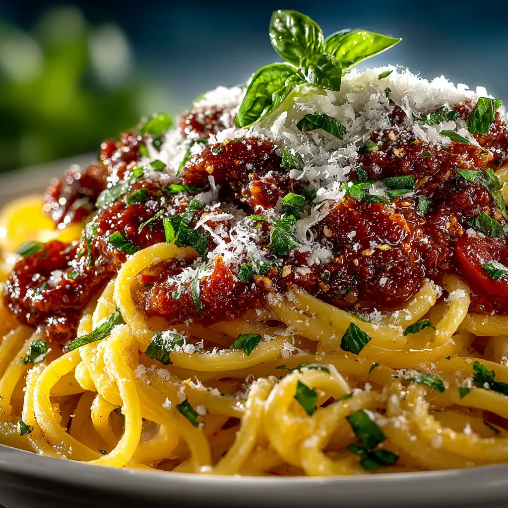 A side view of a forkful of tomato garlic pasta, with fresh basil and parmesan visible in the background.