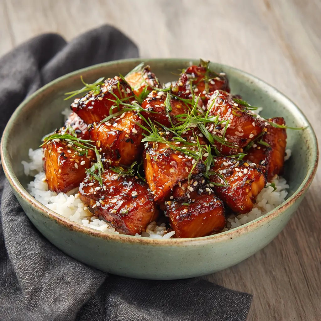 Honey Garlic Salmon Bites: A Perfect 20-Minute Recipe 2 A close-up action shot of honey garlic salmon bites being tossed in a skillet, with a fork lifting a piece to show its tender texture.