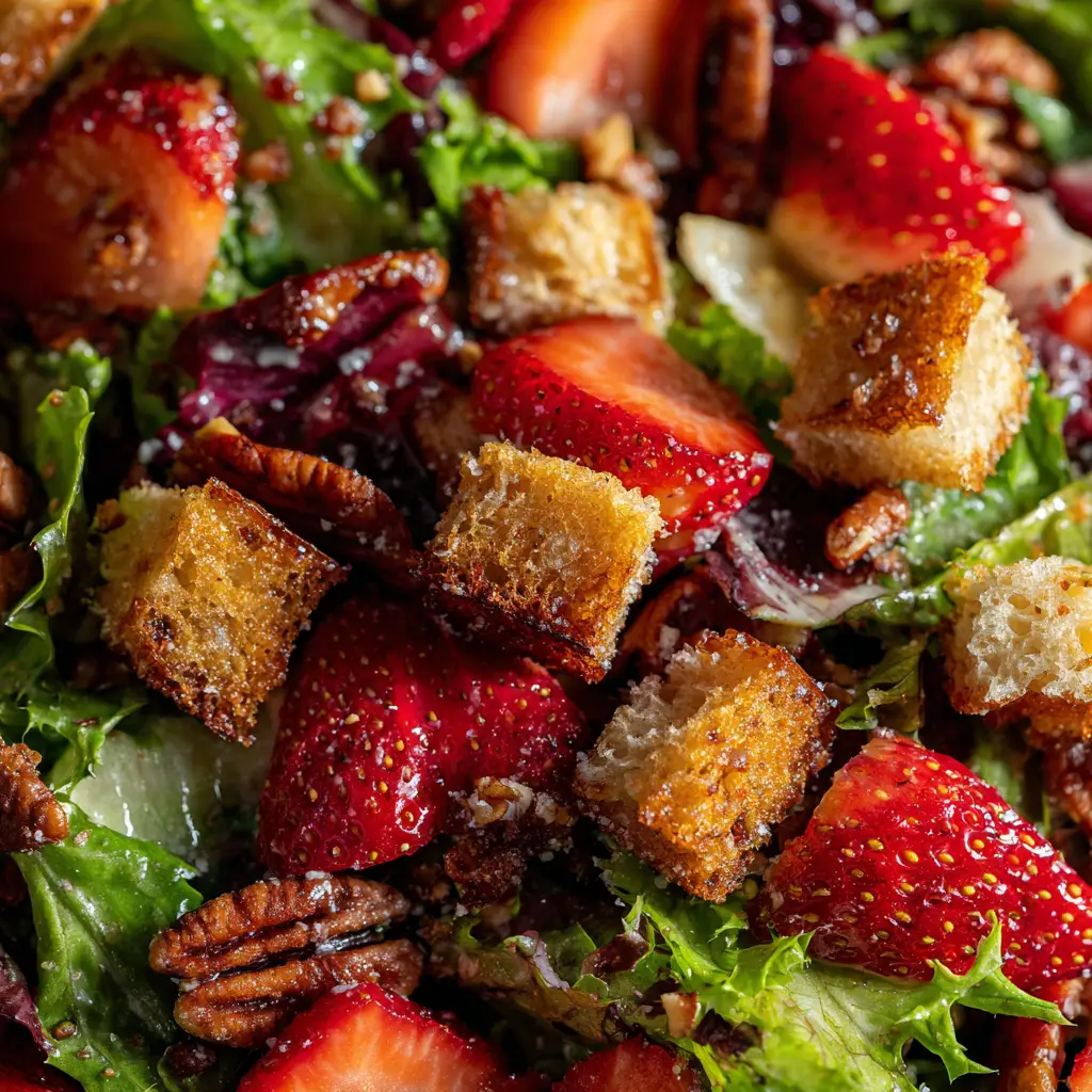 A large bowl of strawberry spinach salad being tossed with a creamy poppy seed dressing, showing all the fresh ingredients mixed together.