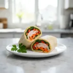A close-up of a sliced turkey hummus veggie wrap filled with fresh vegetables on a light gray marble surface.