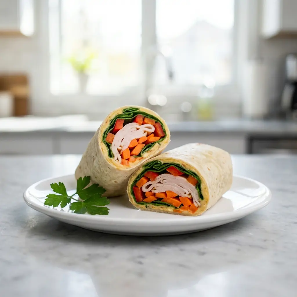 Turkey Hummus Veggie Wrap (Quick & Healthy Lunch!) 5 A close-up of a sliced turkey hummus veggie wrap filled with fresh vegetables on a light gray marble surface.