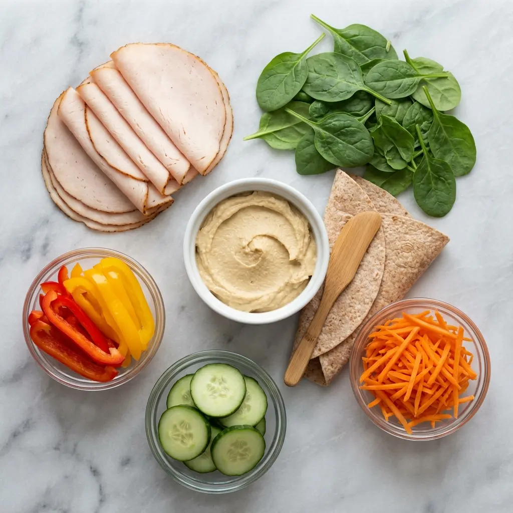 Turkey Hummus Veggie Wrap (Quick & Healthy Lunch!) 2 Overhead view of the ingredients for a turkey hummus veggie wrap: tortilla, hummus, turkey slices, and fresh vegetables.