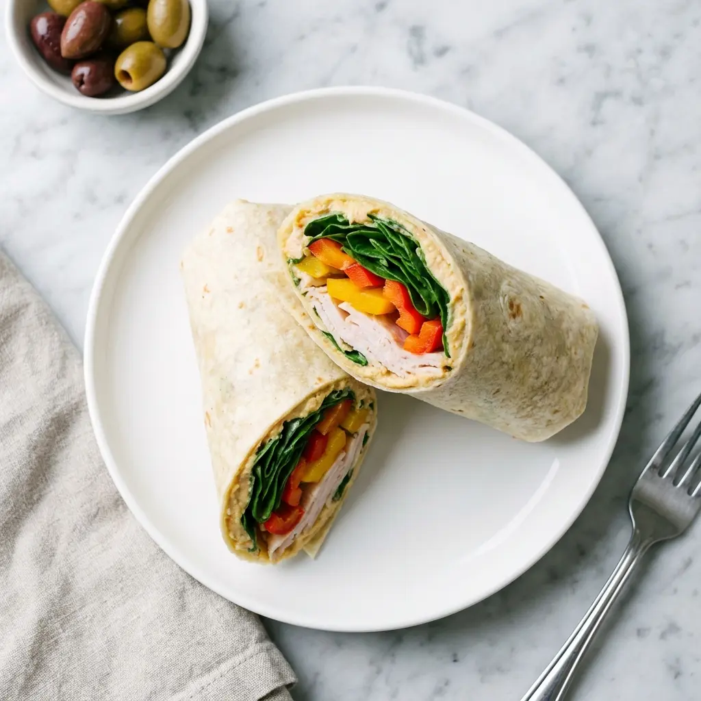 Turkey Hummus Veggie Wrap (Quick & Healthy Lunch!) 4 An overhead flat lay photo of two turkey hummus veggie wraps sliced in half.