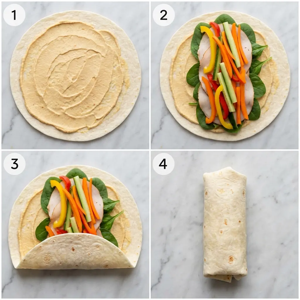 Turkey Hummus Veggie Wrap (Quick & Healthy Lunch!) 3 A 4-step photo collage showing how to assemble and roll a turkey hummus veggie wrap.