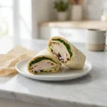 Turkey Hummus Wrap Meal Prep: Your Ultimate Weekly Lunch A fresh turkey hummus wrap cut in half to show the delicious layers inside, ready for a meal prep lunch.