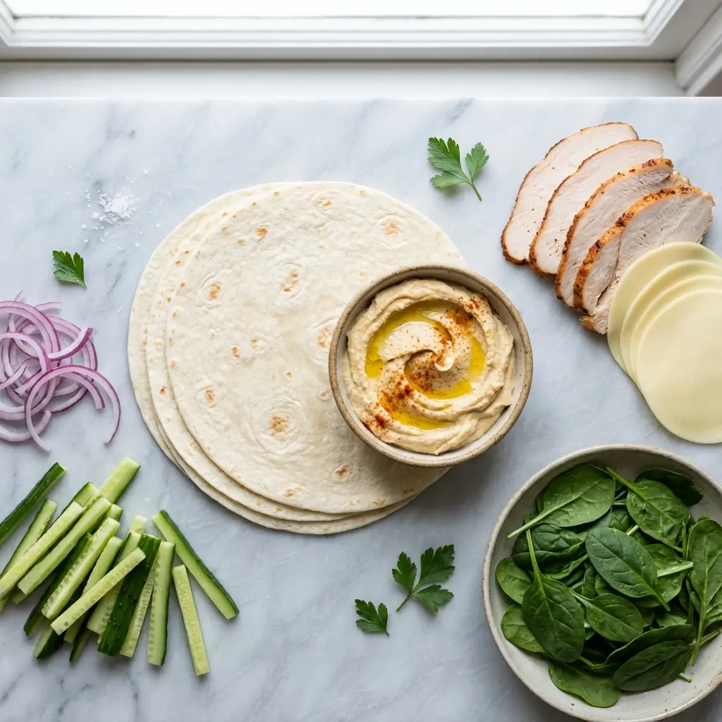 Turkey Hummus Wrap Meal Prep: Your Ultimate Weekly Lunch 2 Ingredients for turkey hummus wrap meal prep laid out on a marble countertop, including tortillas, hummus, turkey, and fresh vegetables.