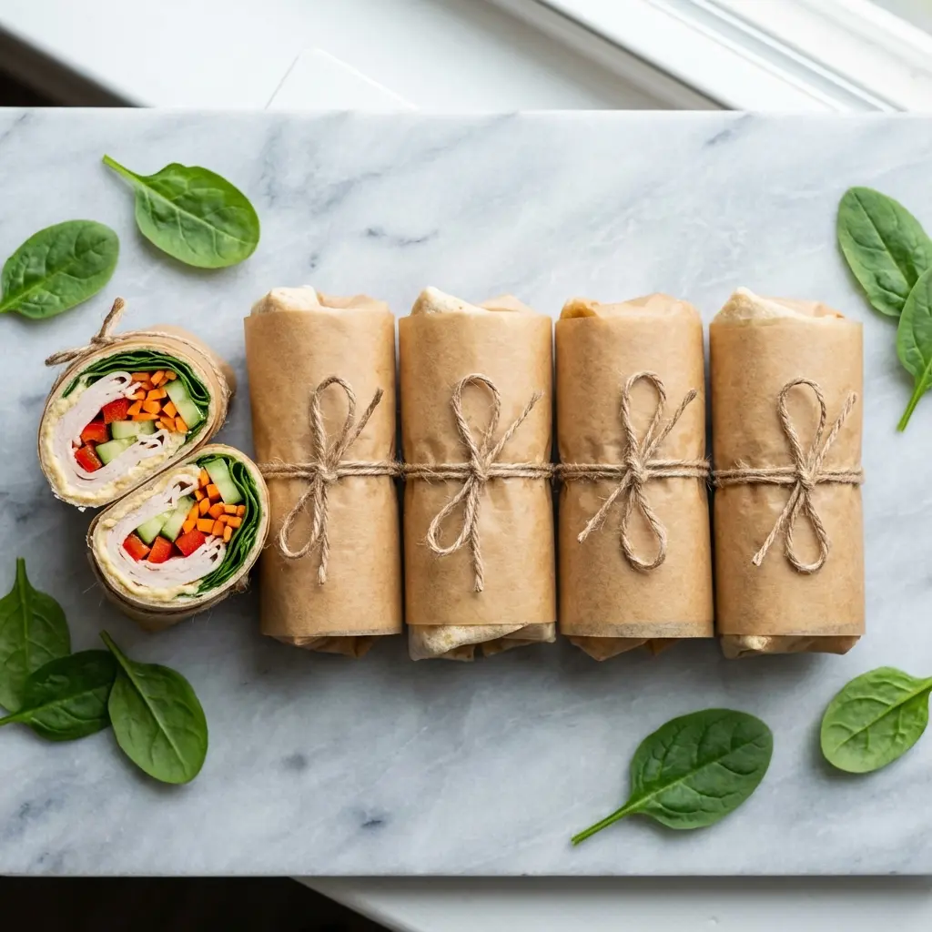 Turkey Hummus Wrap Meal Prep: Your Ultimate Weekly Lunch 4 An overhead shot of five turkey hummus wraps prepared for meal prep, with one cut in half to show the layers.