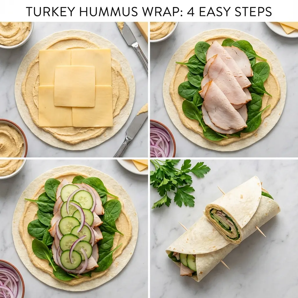 Turkey Hummus Wrap Meal Prep: Your Ultimate Weekly Lunch 3 A four-panel image showing the step-by-step process of assembling a turkey hummus wrap for meal prep.