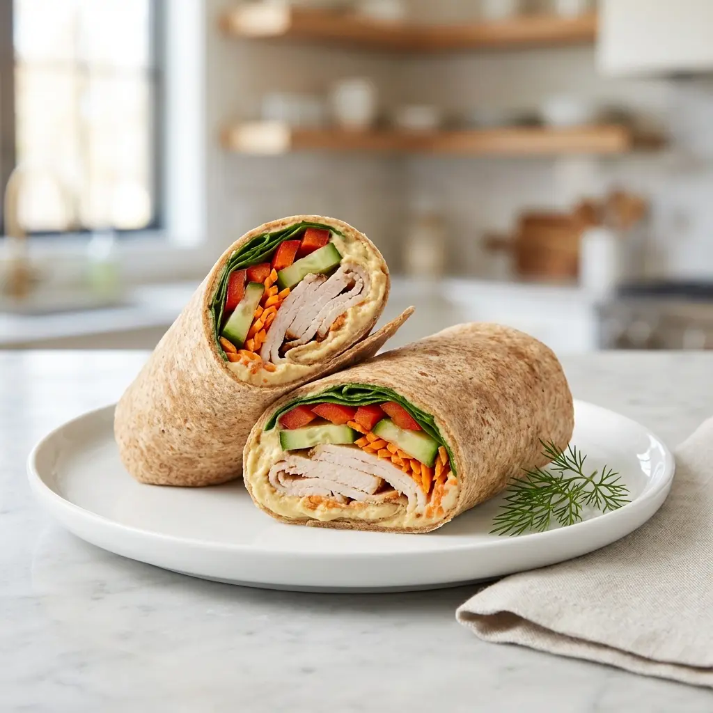 Turkey Hummus Wrap Recipe (Easy, Healthy & Quick) 3 A delicious turkey hummus wrap recipe sliced in half to show the layers of turkey, spinach, and tomato.