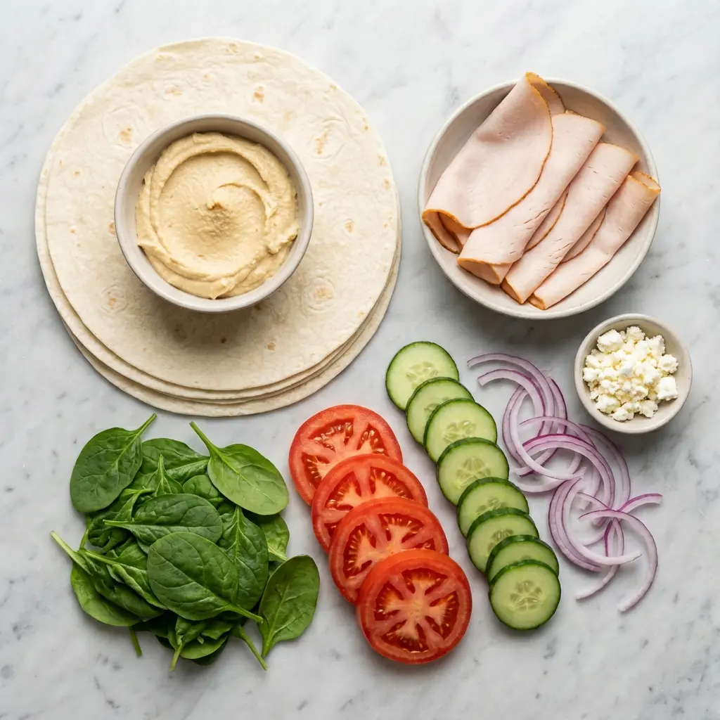 Turkey Hummus Wrap Recipe (Easy, Healthy & Quick) 2 Overhead shot of the ingredients for the turkey hummus wrap recipe: tortillas, hummus, turkey, spinach, tomato, cucumber, onion, and feta.