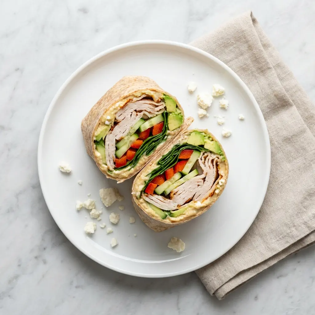 Turkey Hummus Wrap Recipe (Easy, Healthy & Quick) 5 An overhead flat lay photo of a completed turkey hummus wrap recipe, sliced in half on a plate.