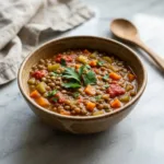 A close-up, slightly elevated view of a bowl of homemade vegan lentil vegetable soup, garnished with fresh parsley.