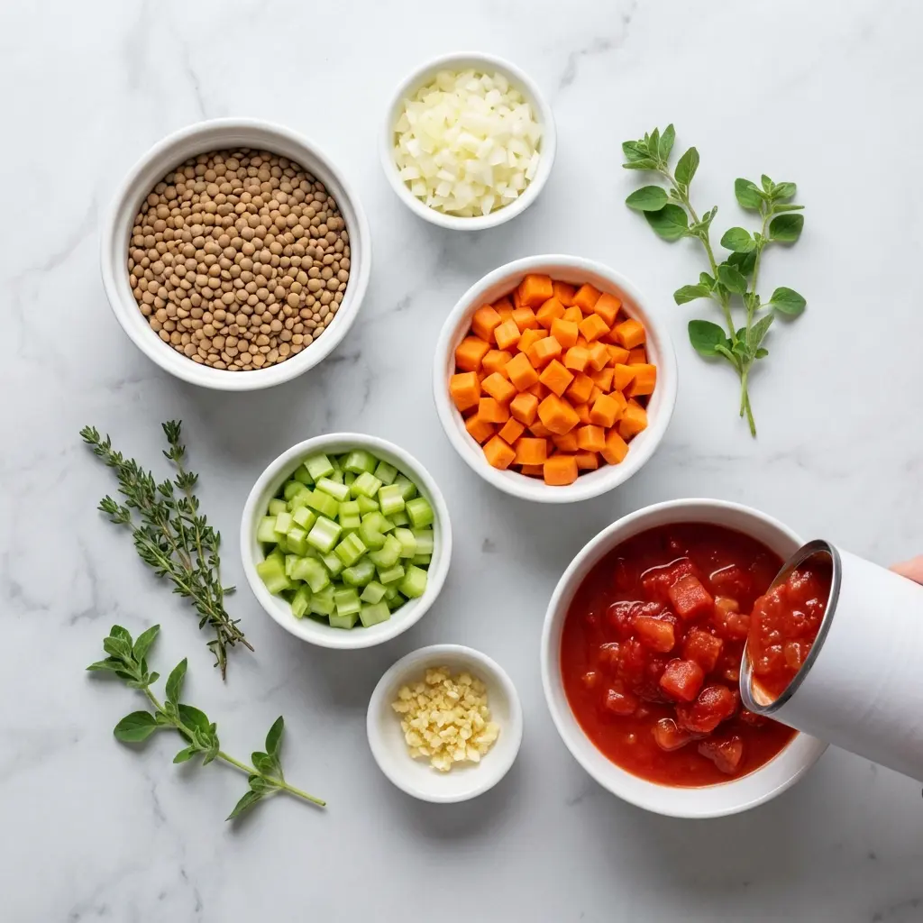 Overhead view of the ingredients for vegan lentil vegetable soup, including lentils, carrots, celery, onion, and spices.